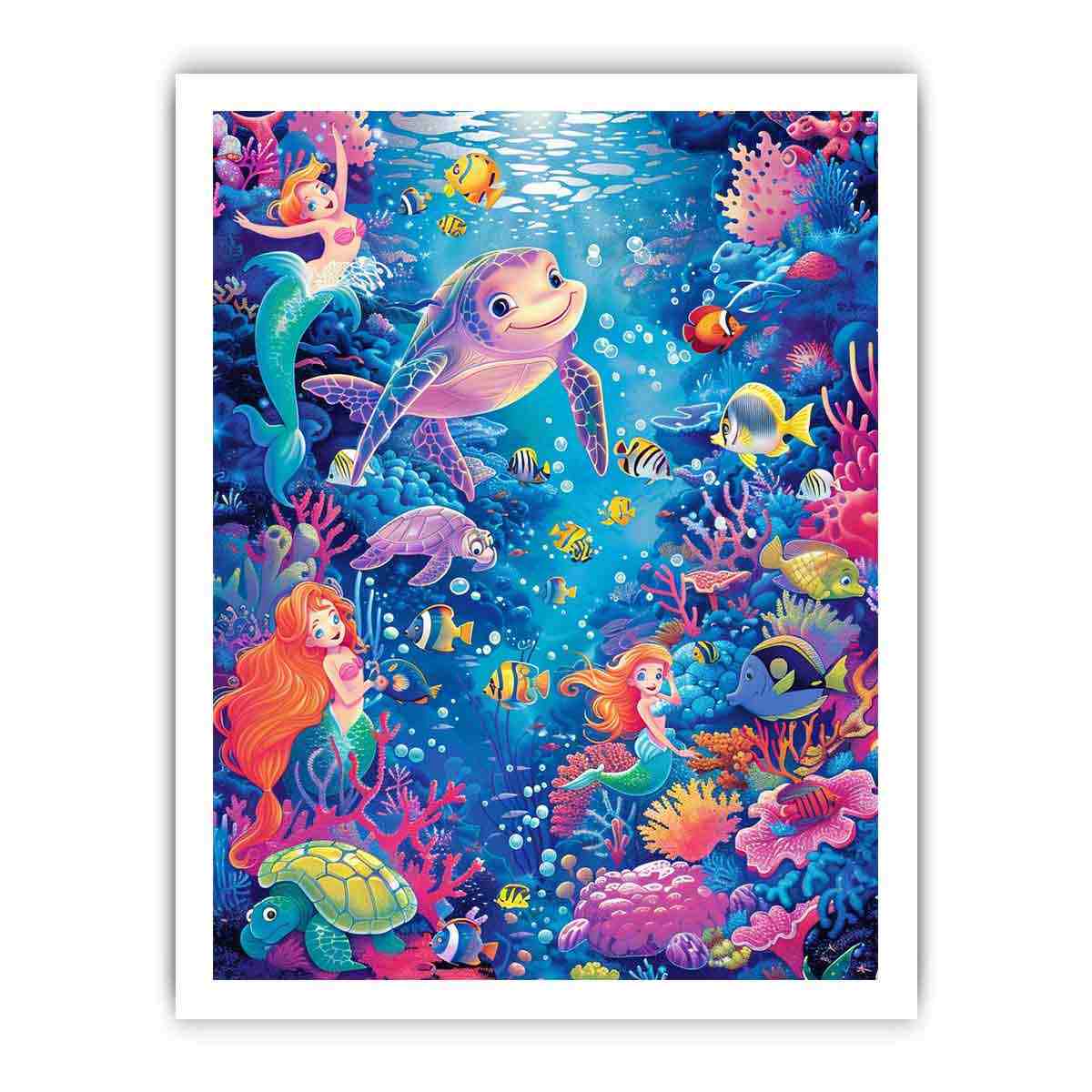 Mermaid and sea turtle underwater canvas art for girls bedroom decor.