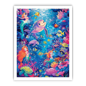 Mermaid and sea turtle underwater canvas art for girls bedroom decor.