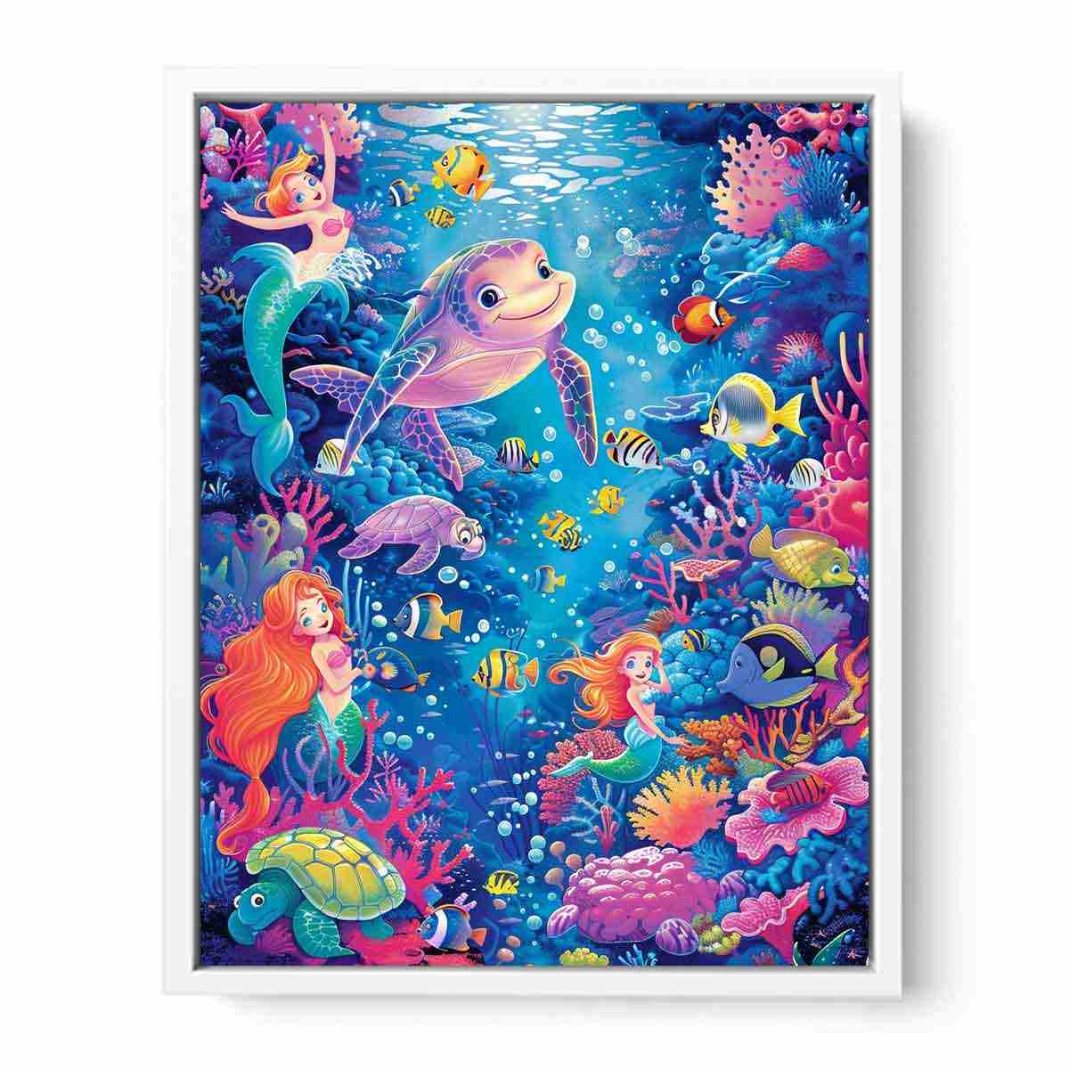 Mermaid and sea turtle underwater canvas art for girls bedroom decor.