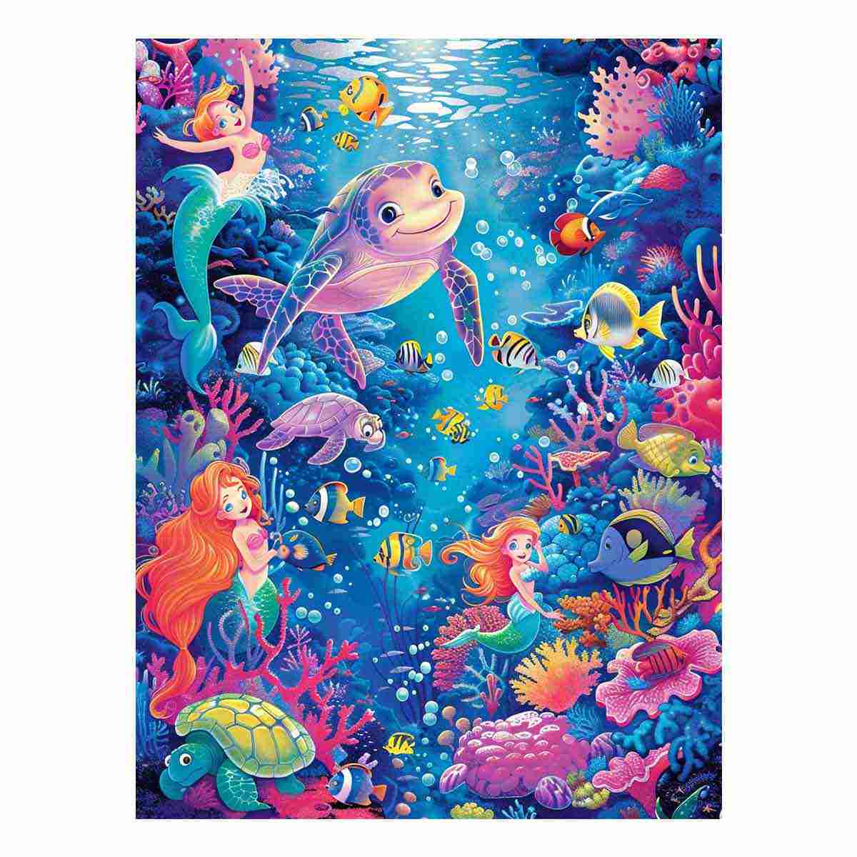 Mermaid and sea turtle underwater canvas art for girls bedroom decor.