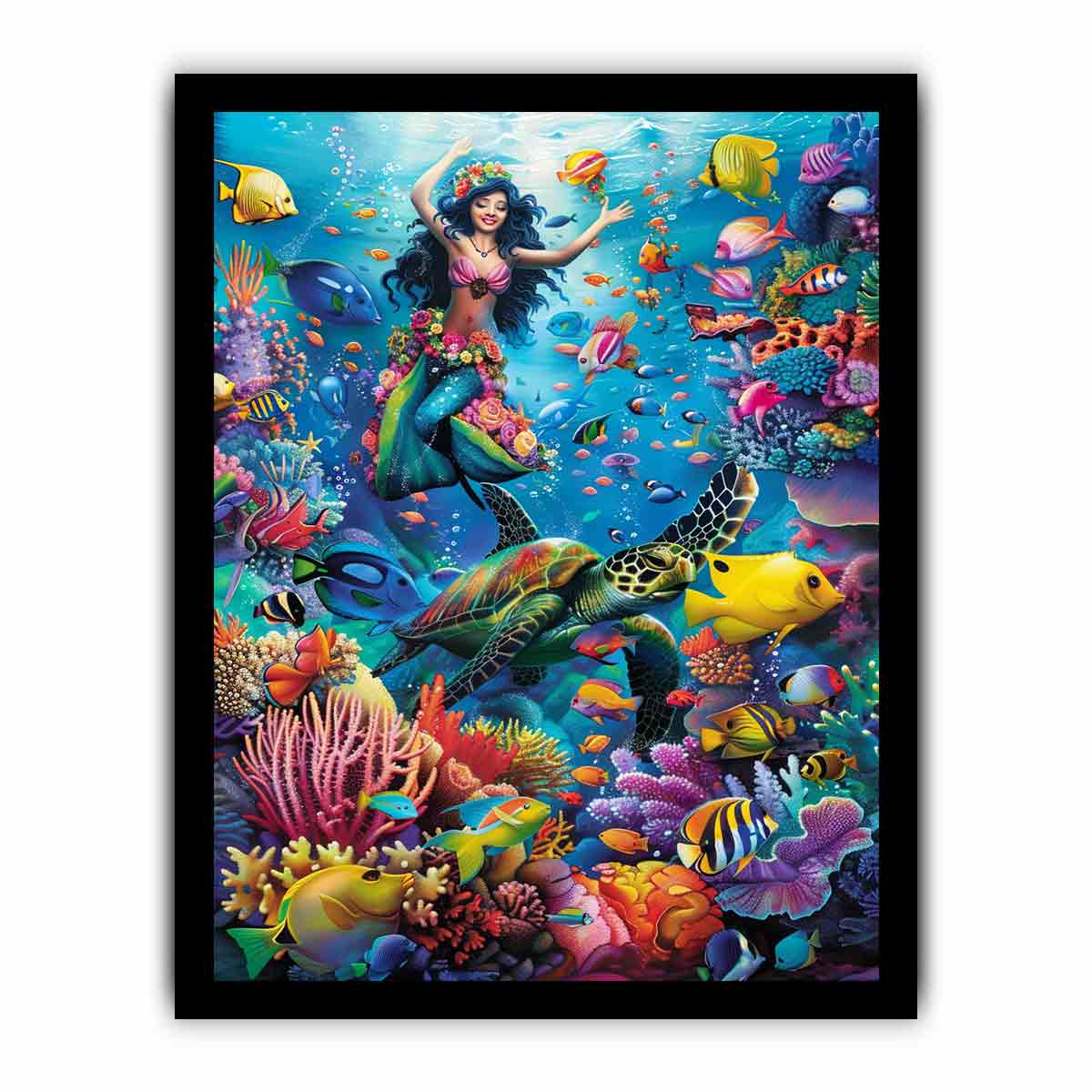 Vibrant mermaid lagoon canvas art with sea turtle and coral reef decor.