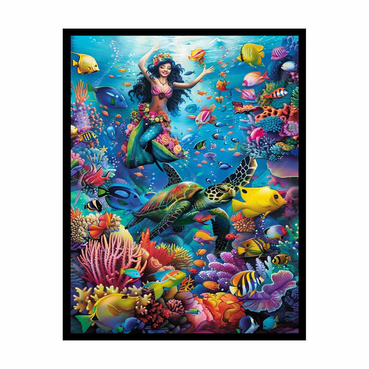 Vibrant mermaid lagoon canvas art with sea turtle and coral reef decor.