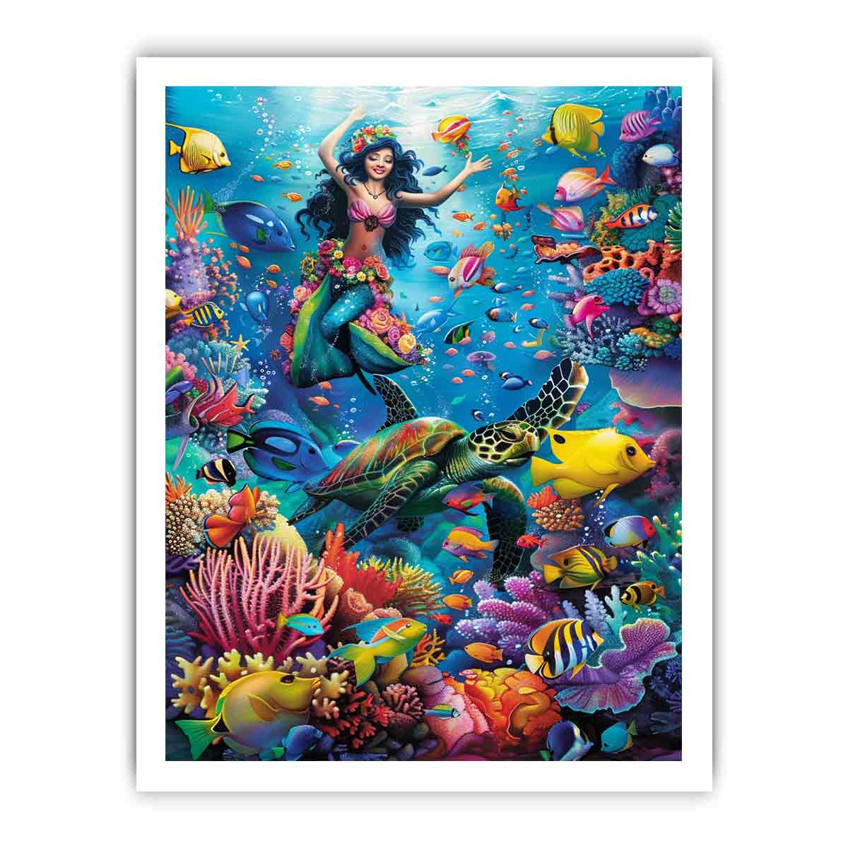Vibrant mermaid lagoon canvas art with sea turtle and coral reef decor.