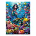 Vibrant mermaid lagoon canvas art with sea turtle and coral reef decor.