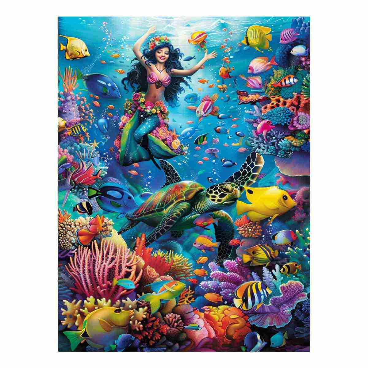 Vibrant mermaid lagoon canvas art with sea turtle and coral reef decor.