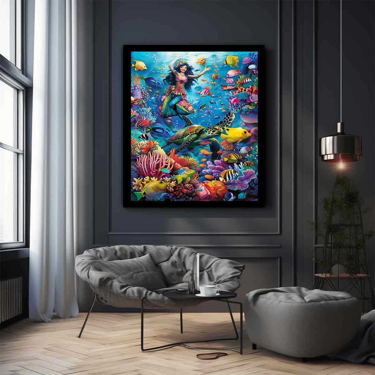 Vibrant mermaid lagoon canvas art with sea turtle and coral reef decor.