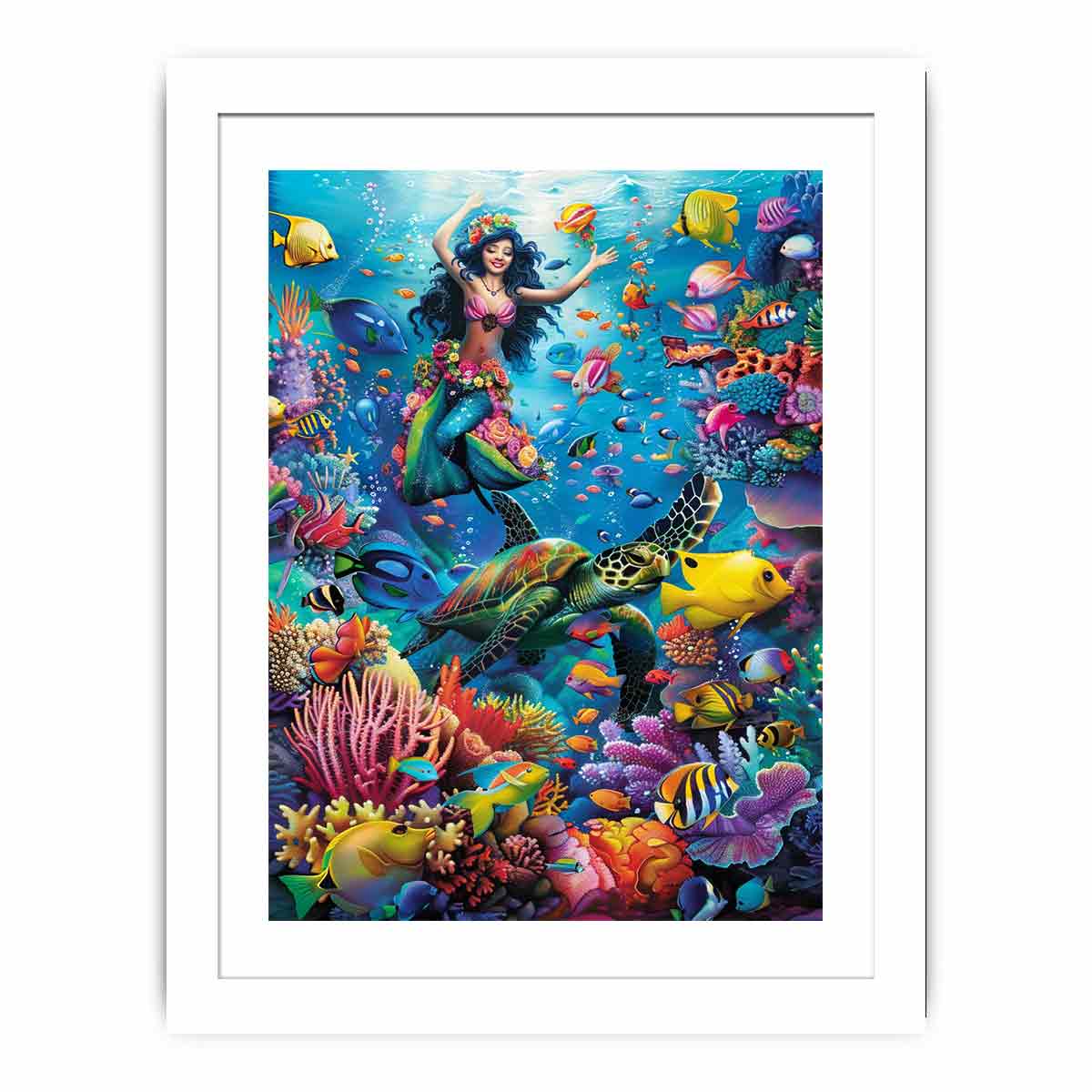 Vibrant mermaid lagoon canvas art with sea turtle and coral reef decor.