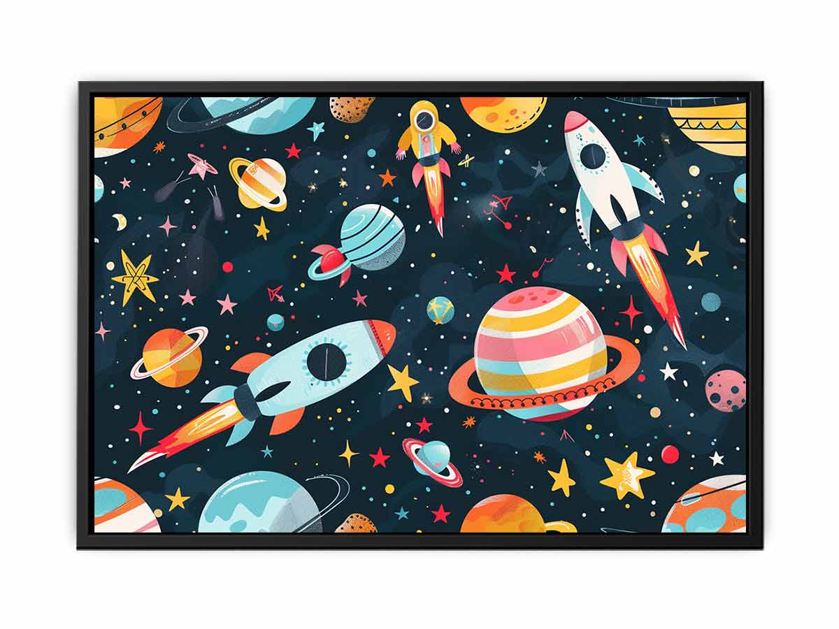 Space rocket and planets canvas print for kids bedroom or playroom decor.