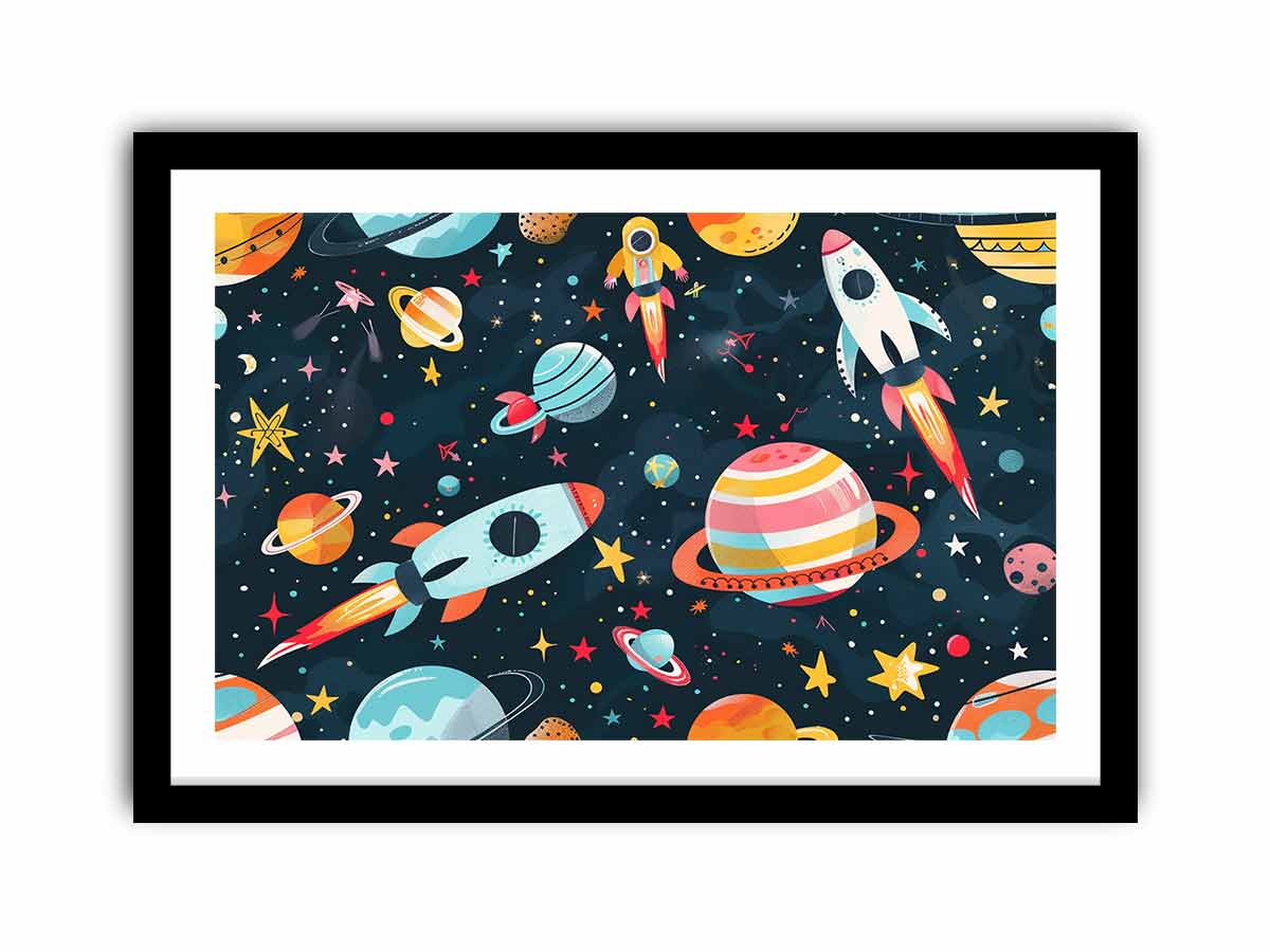 Space rocket and planets canvas print for kids bedroom or playroom decor.