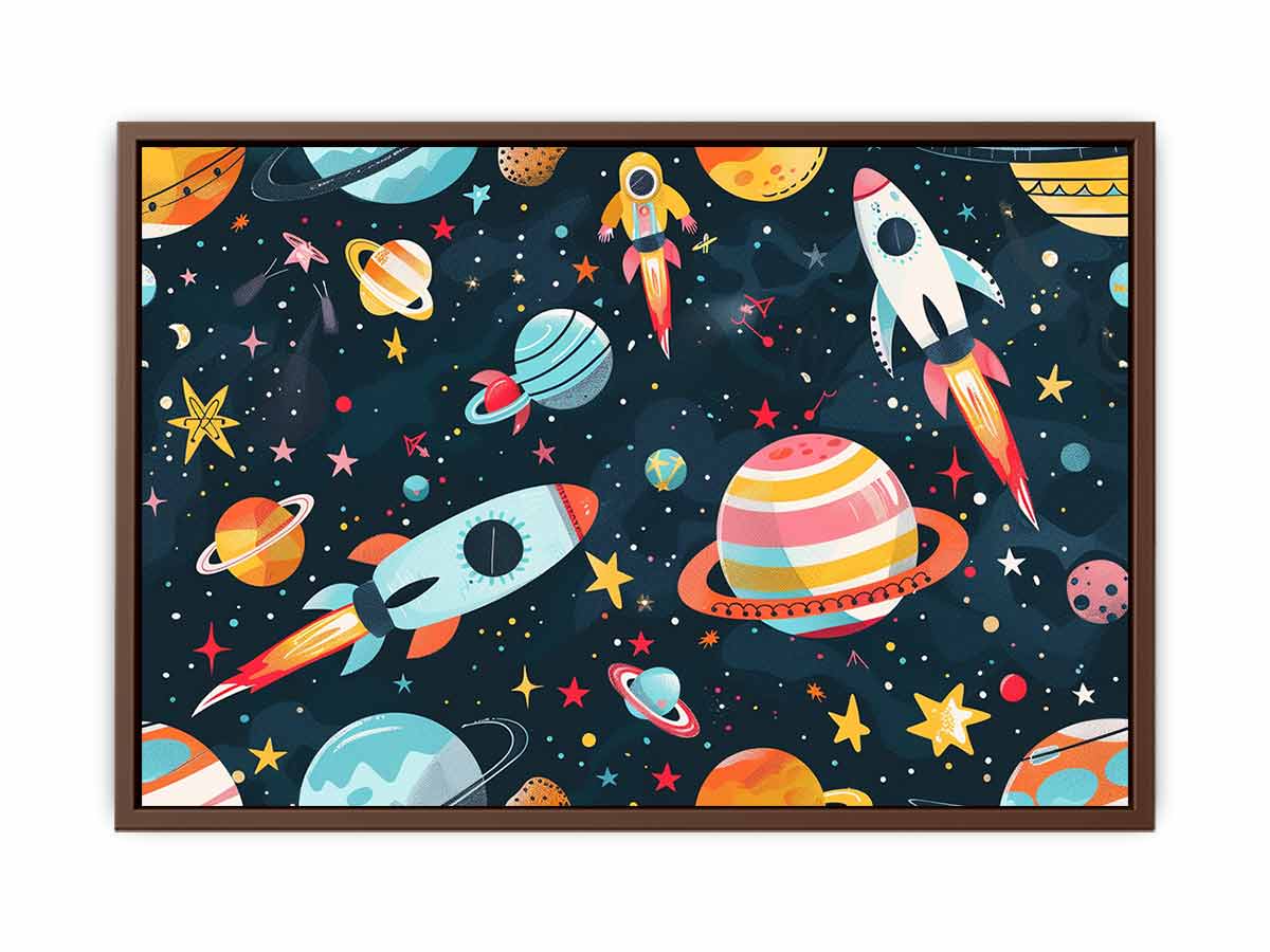 Space rocket and planets canvas print for kids bedroom or playroom decor.