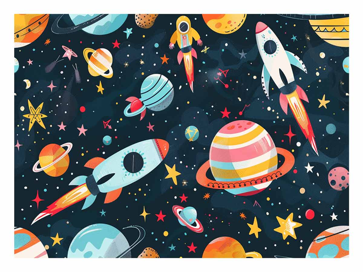 Space rocket and planets canvas print for kids bedroom or playroom decor.