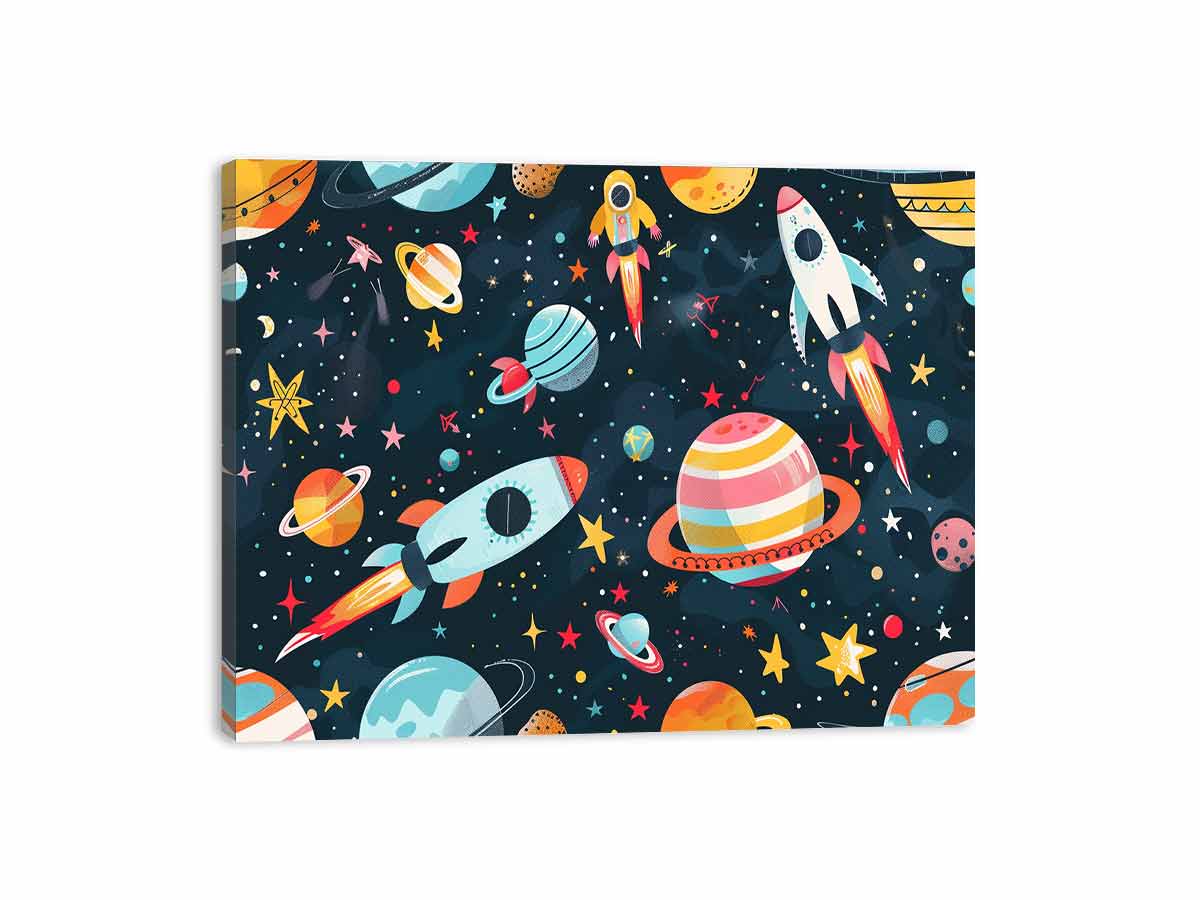 Space rocket and planets canvas print for kids bedroom or playroom decor.