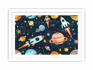 Space rocket and planets canvas print for kids bedroom or playroom decor.