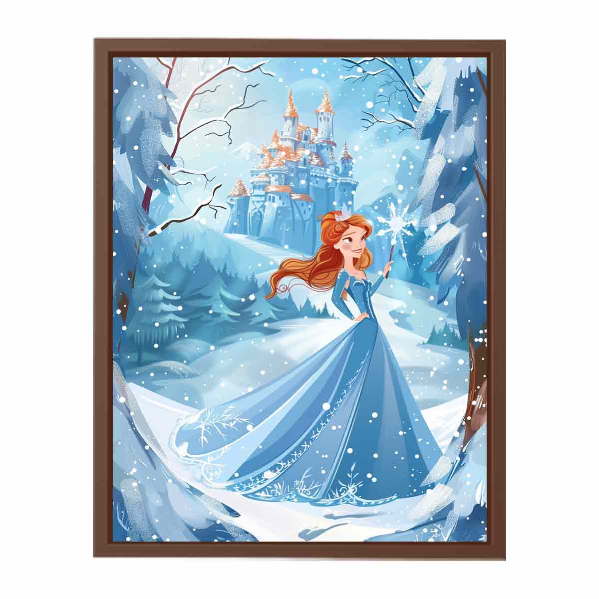 Winter princess castle canvas art for a magical kids bedroom or nursery.