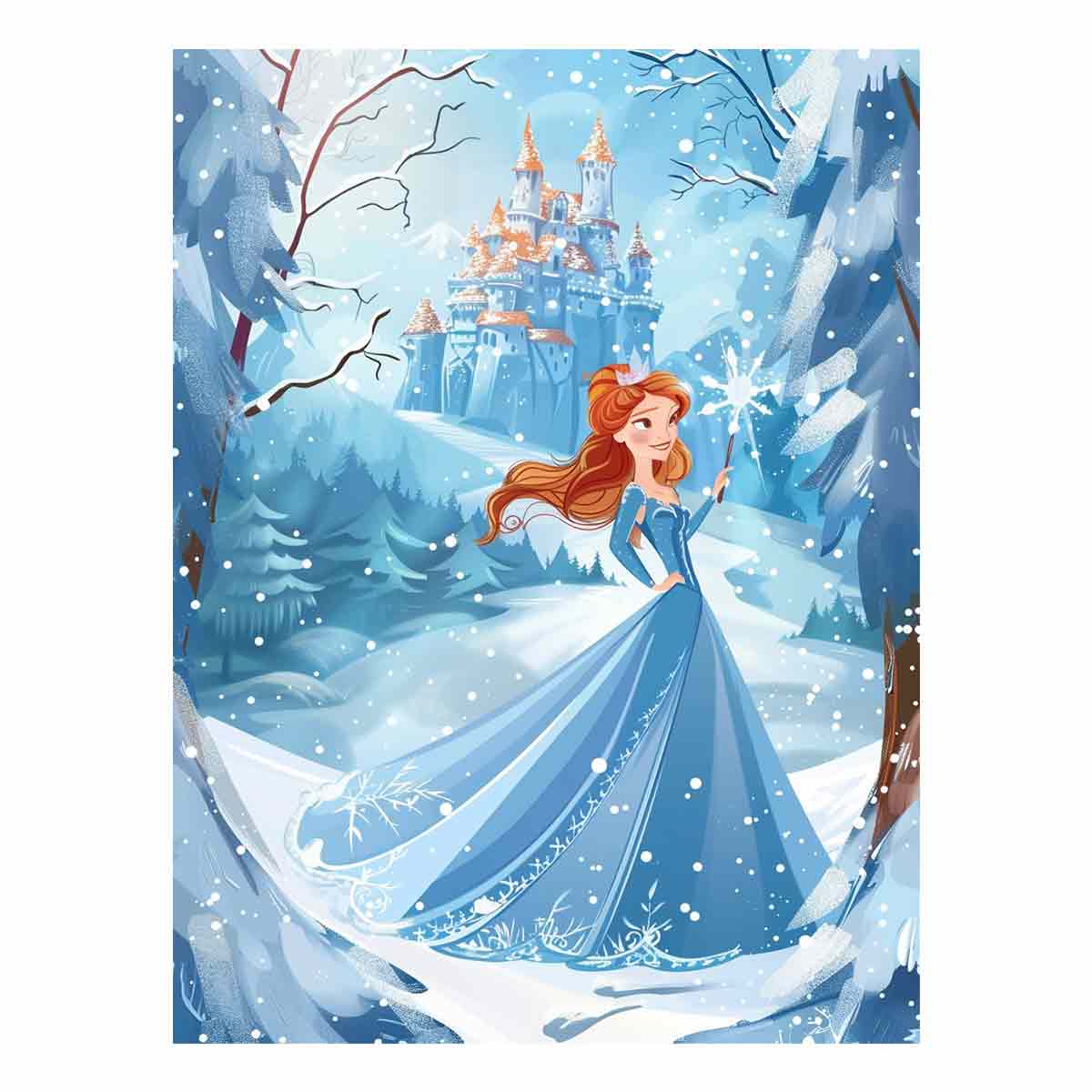 Winter princess castle canvas art for a magical kids bedroom or nursery.