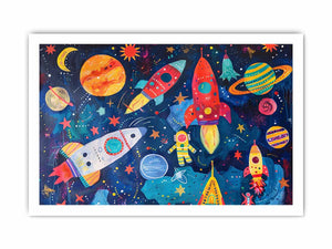 Colorful rocket and planet canvas art for a playful kids bedroom or nursery.