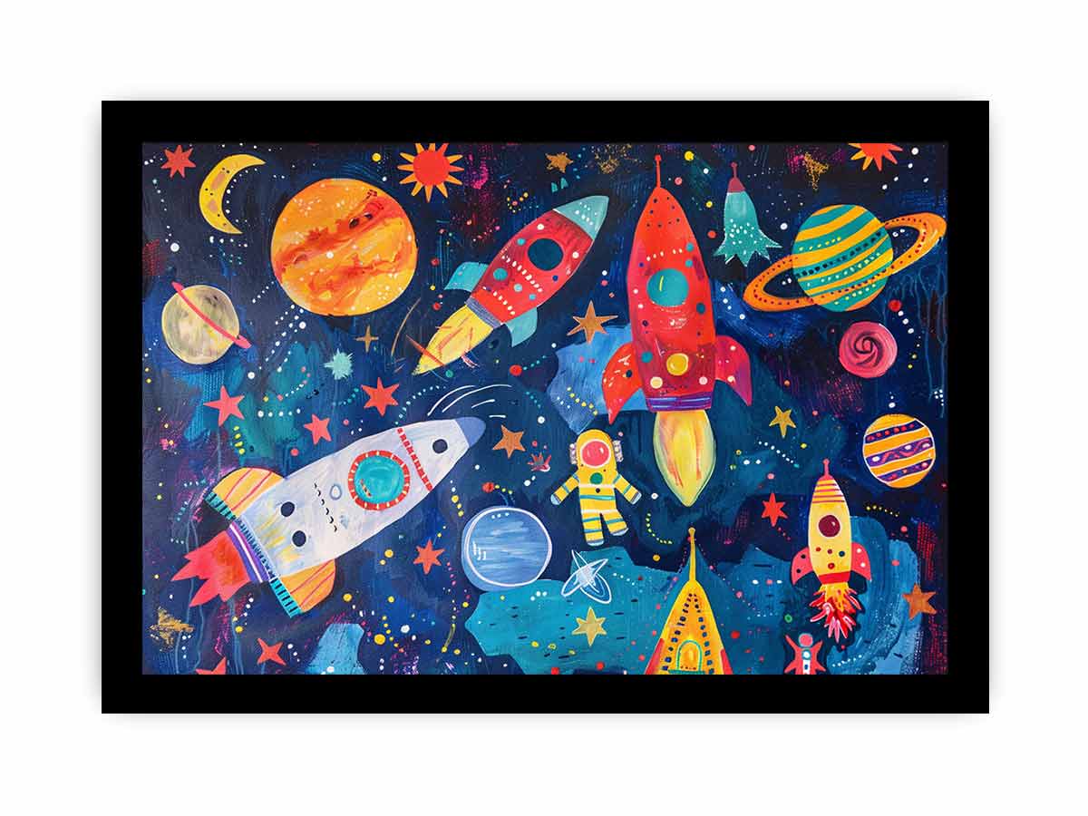 Colorful rocket and planet canvas art for a playful kids bedroom or nursery.