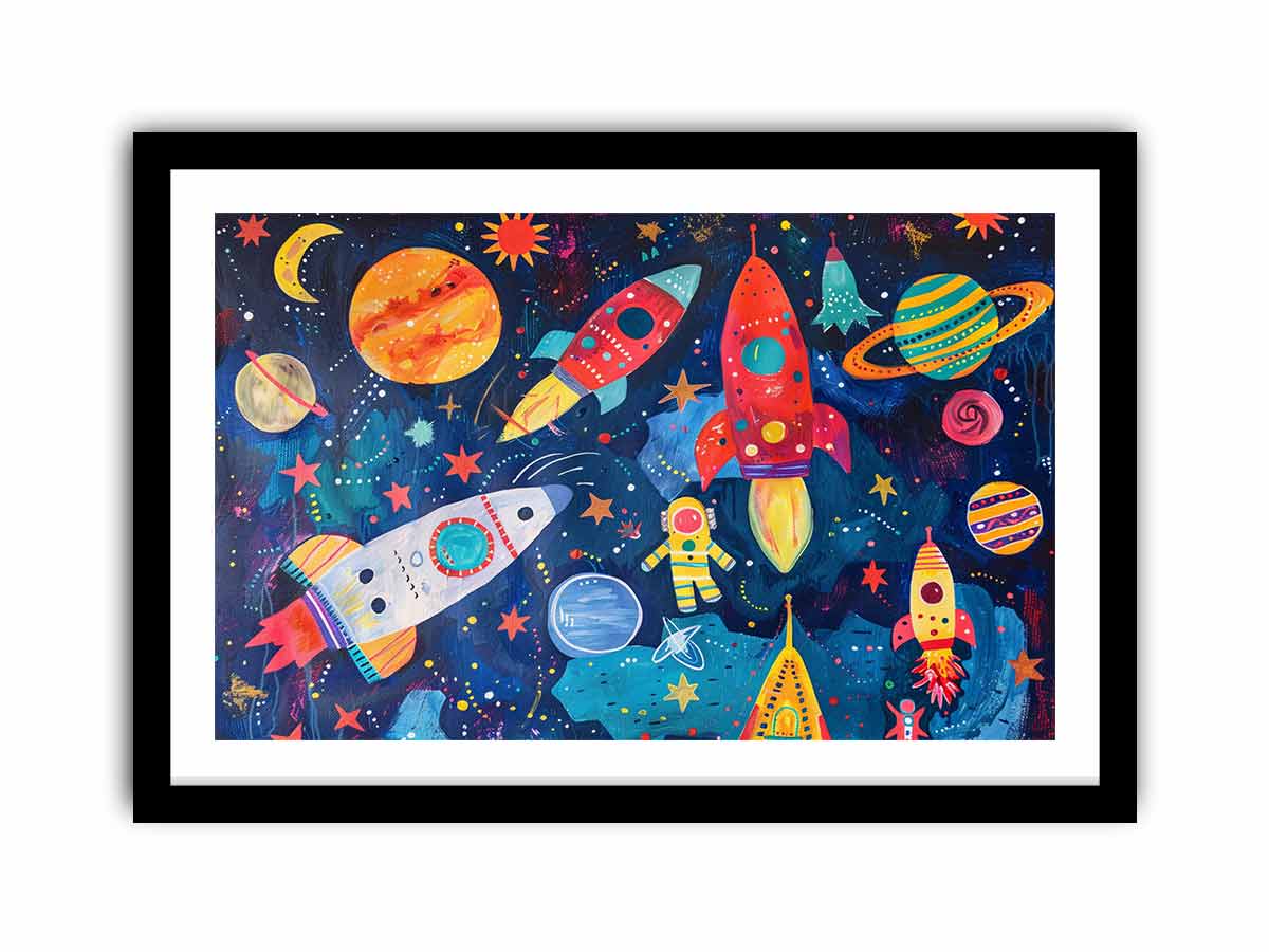 Colorful rocket and planet canvas art for a playful kids bedroom or nursery.