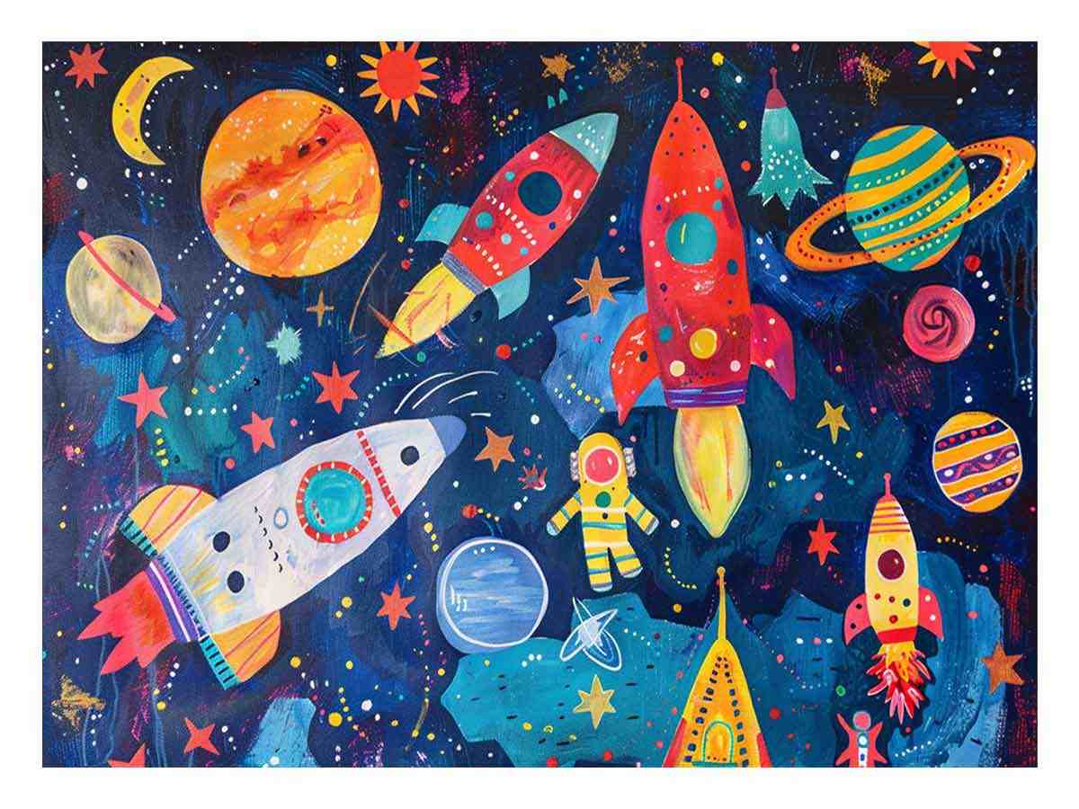 Colorful rocket and planet canvas art for a playful kids bedroom or nursery.