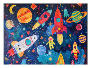 Colorful rocket and planet canvas art for a playful kids bedroom or nursery.