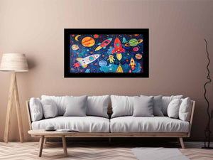 Colorful rocket and planet canvas art for a playful kids bedroom or nursery.