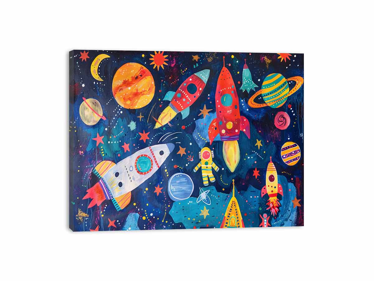 Colorful rocket and planet canvas art for a playful kids bedroom or nursery.