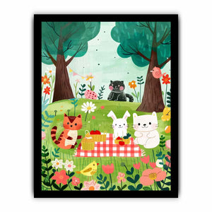 Woodland picnic animal canvas art with cats and bunny for a cozy kids room.