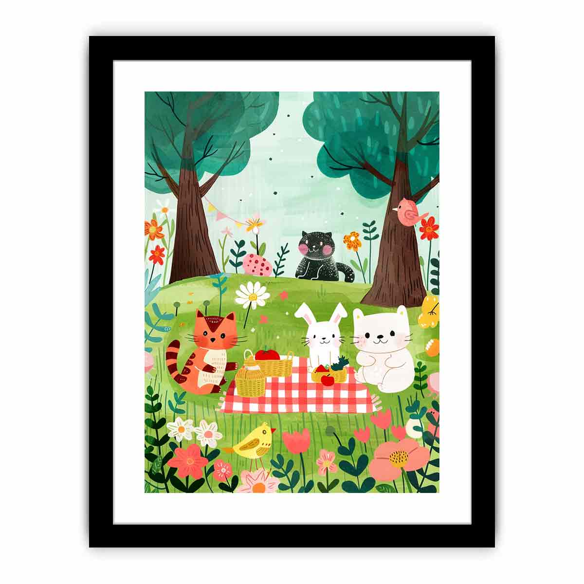 Woodland picnic animal canvas art with cats and bunny for a cozy kids room.