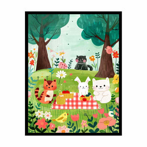 Woodland picnic animal canvas art with cats and bunny for a cozy kids room.