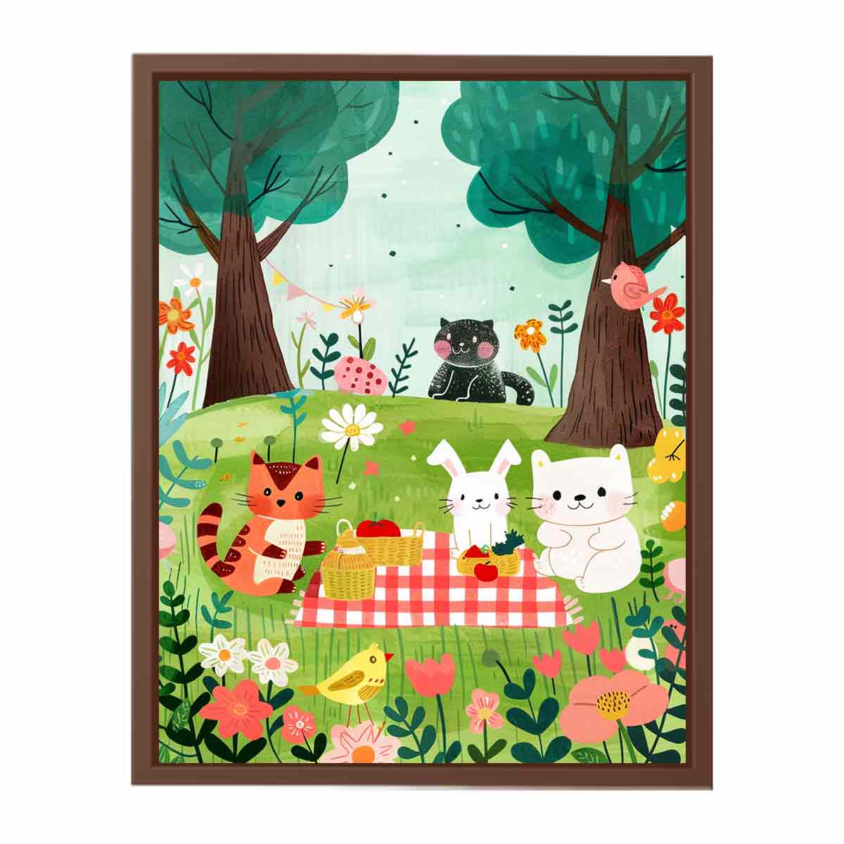 Woodland picnic animal canvas art with cats and bunny for a cozy kids room.