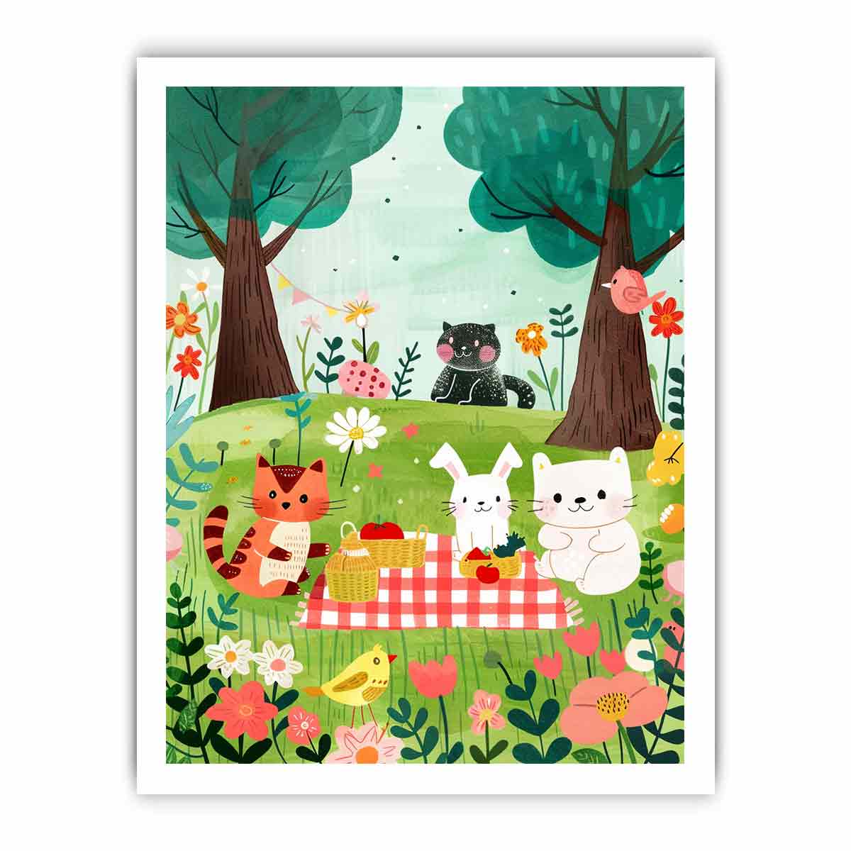 Woodland picnic animal canvas art with cats and bunny for a cozy kids room.
