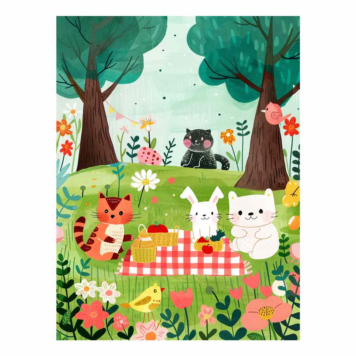 Woodland picnic animal canvas art with cats and bunny for a cozy kids room.