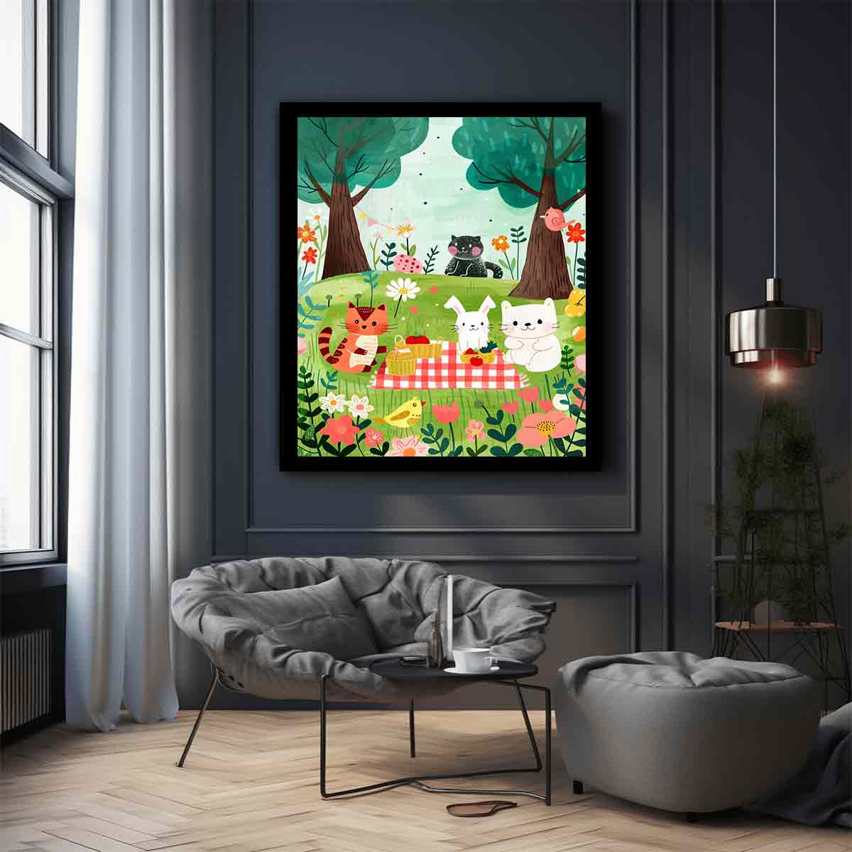 Woodland picnic animal canvas art with cats and bunny for a cozy kids room.