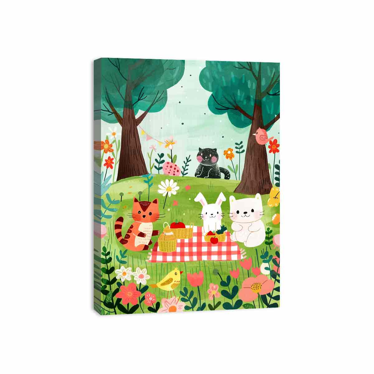 Woodland picnic animal canvas art with cats and bunny for a cozy kids room.