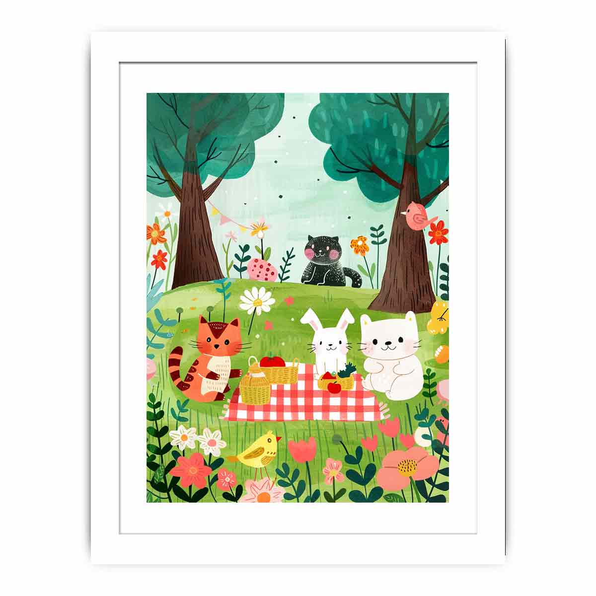 Woodland picnic animal canvas art with cats and bunny for a cozy kids room.