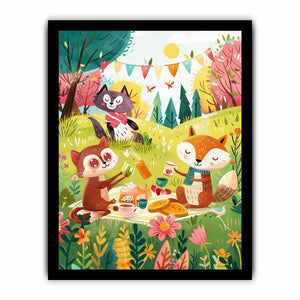 Autumn woodland picnic canvas art with fox and owl for a cozy kids bedroom.