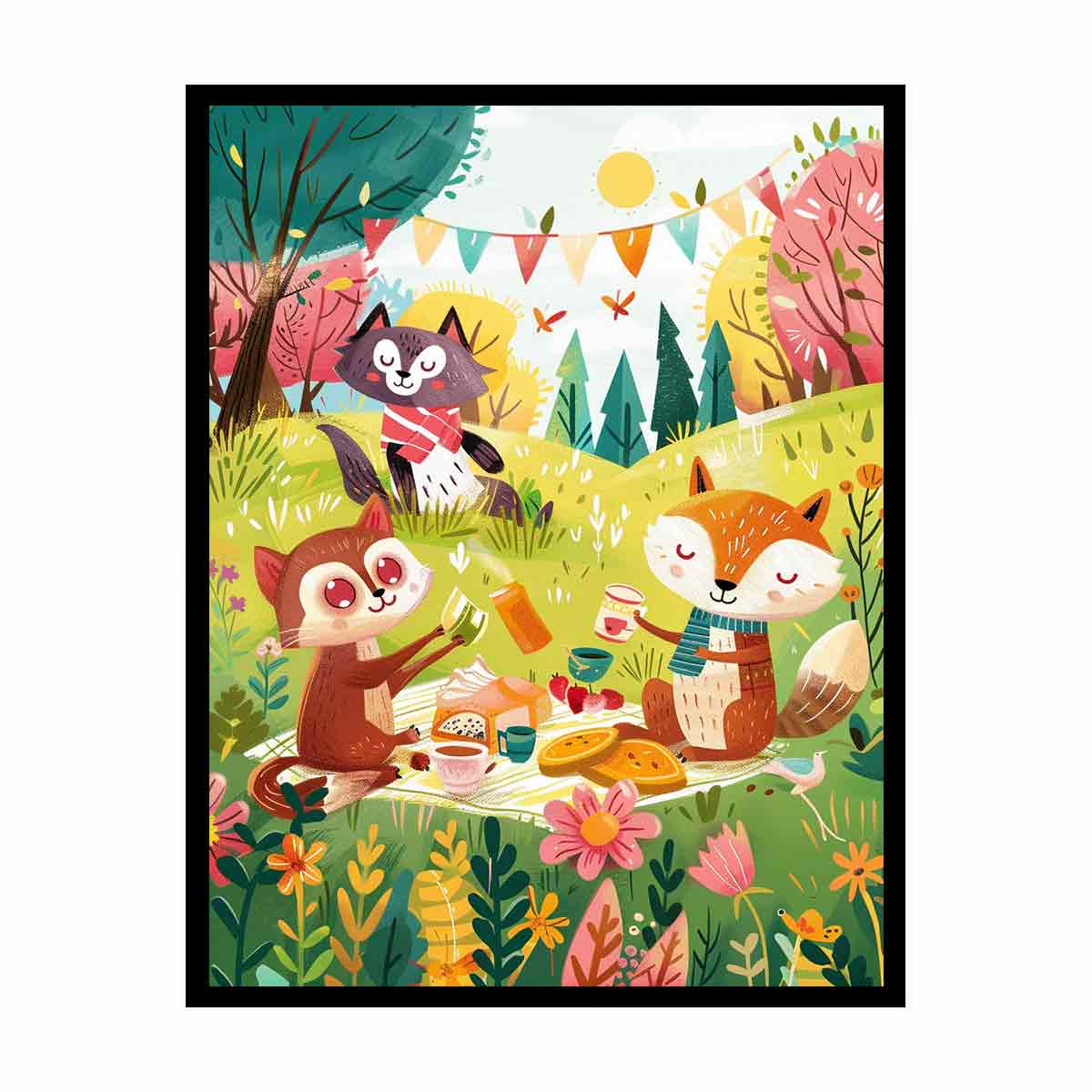 Autumn woodland picnic canvas art with fox and owl for a cozy kids bedroom.