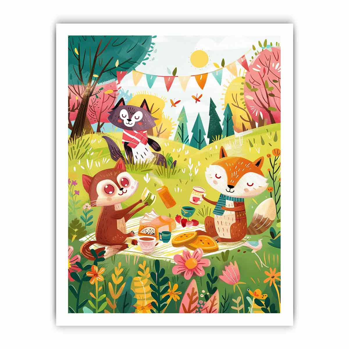 Autumn woodland picnic canvas art with fox and owl for a cozy kids bedroom.