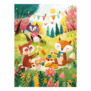 Autumn woodland picnic canvas art with fox and owl for a cozy kids bedroom.
