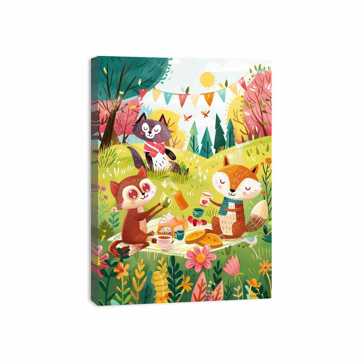 Autumn woodland picnic canvas art with fox and owl for a cozy kids bedroom.