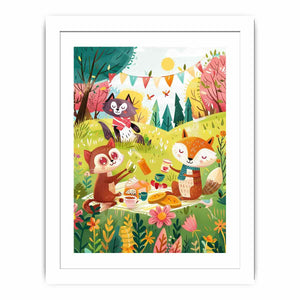 Autumn woodland picnic canvas art with fox and owl for a cozy kids bedroom.