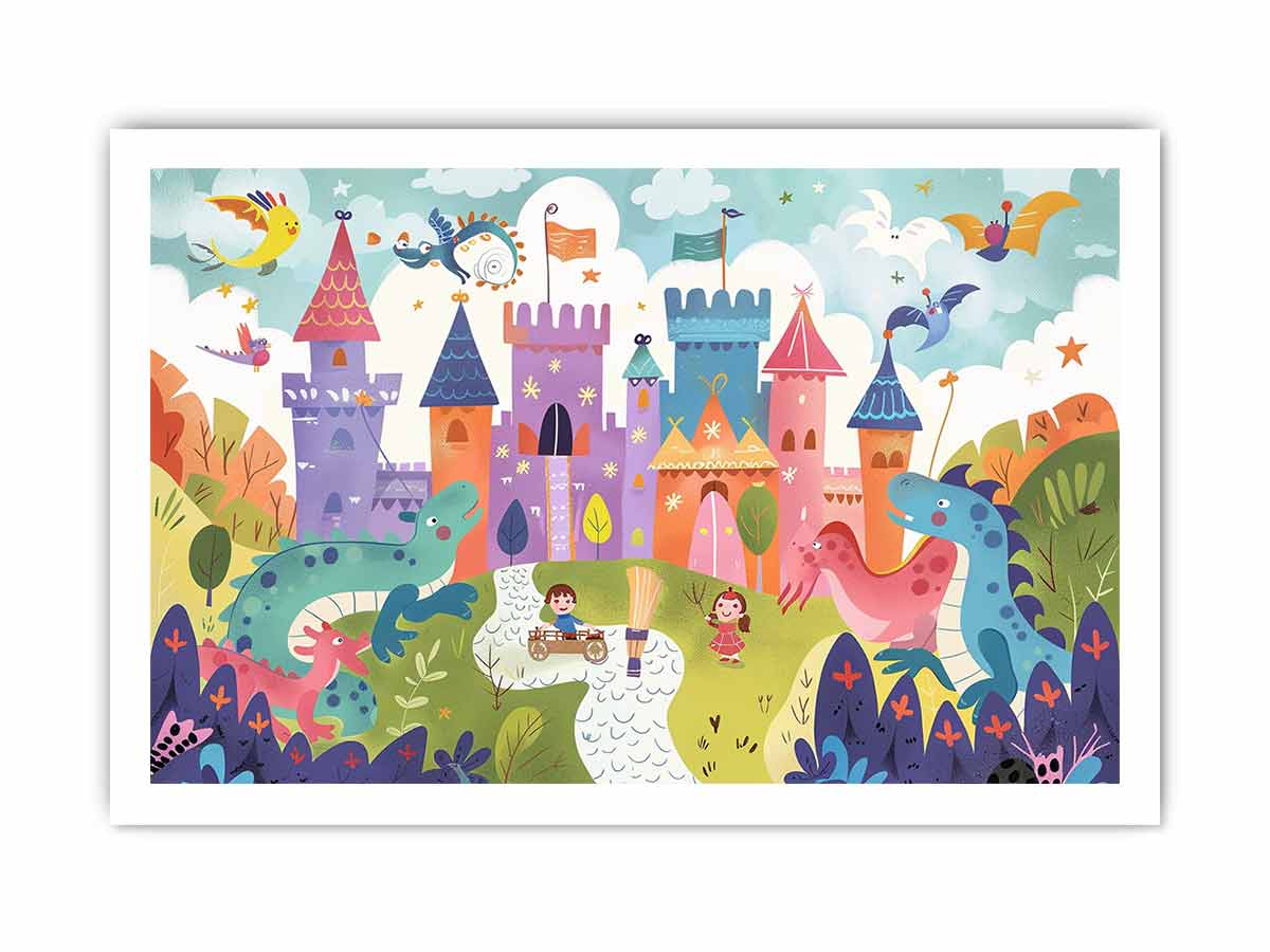Pastel dragon castle canvas art for a magical kids bedroom or playroom.