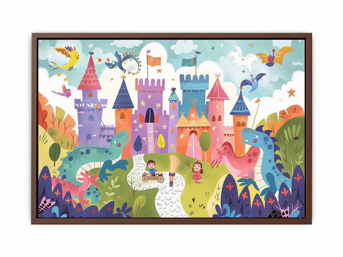 Pastel dragon castle canvas art for a magical kids bedroom or playroom.