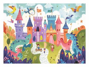 Pastel dragon castle canvas art for a magical kids bedroom or playroom.