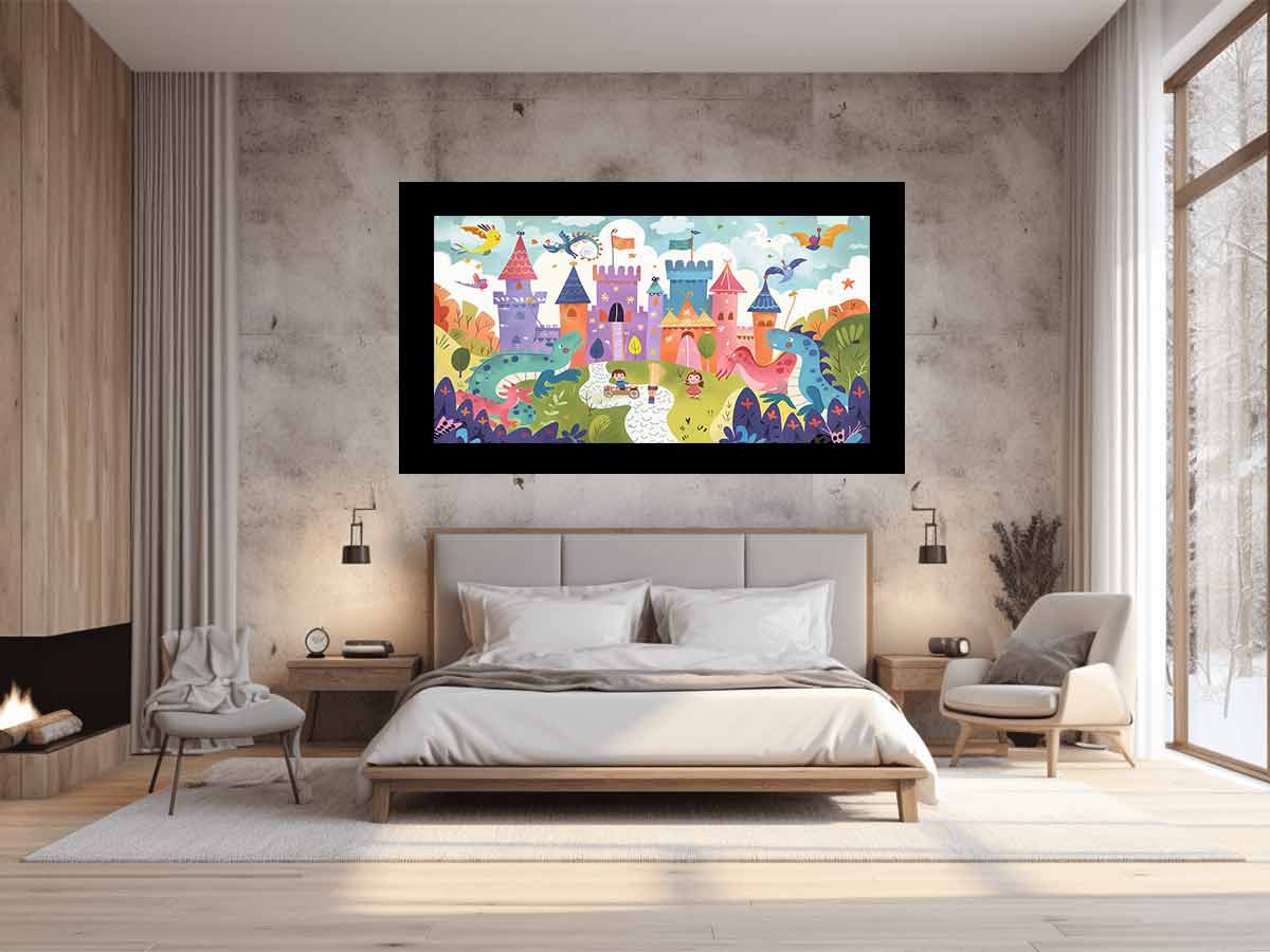 Pastel dragon castle canvas art for a magical kids bedroom or playroom.