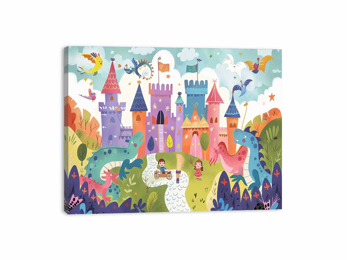 Pastel dragon castle canvas art for a magical kids bedroom or playroom.