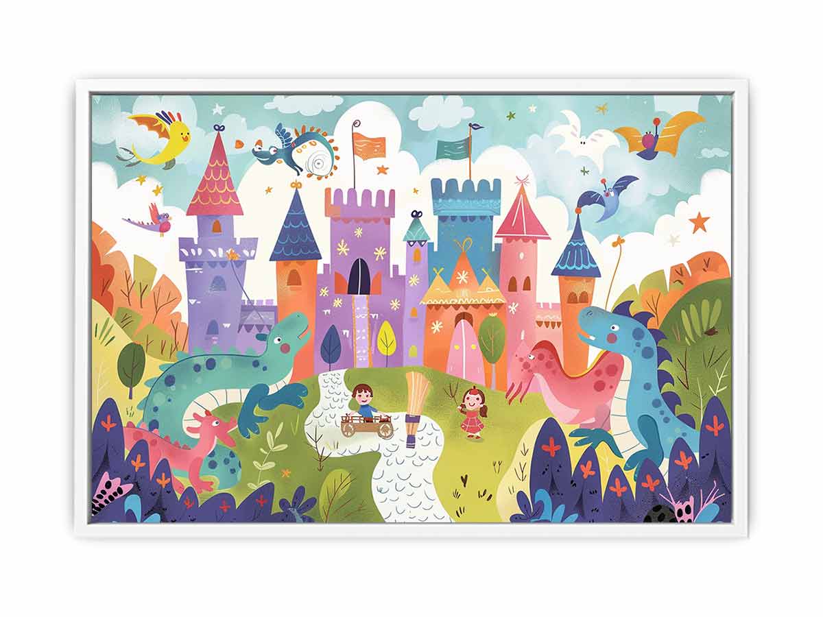 Pastel dragon castle canvas art for a magical kids bedroom or playroom.