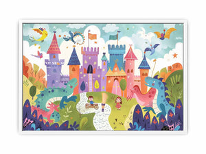 Pastel dragon castle canvas art for a magical kids bedroom or playroom.