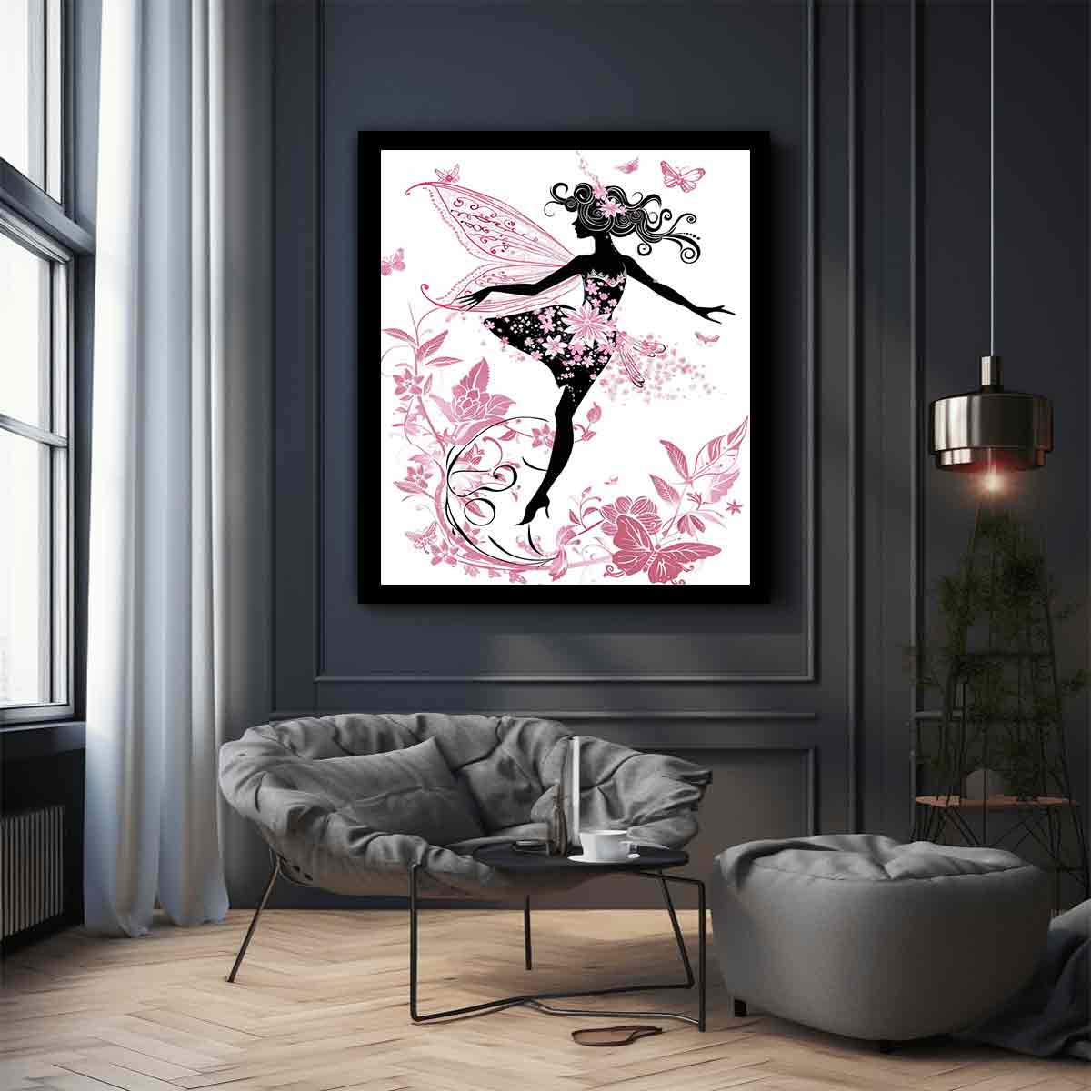 Blush pink fairy silhouette canvas art for a magical girls bedroom.