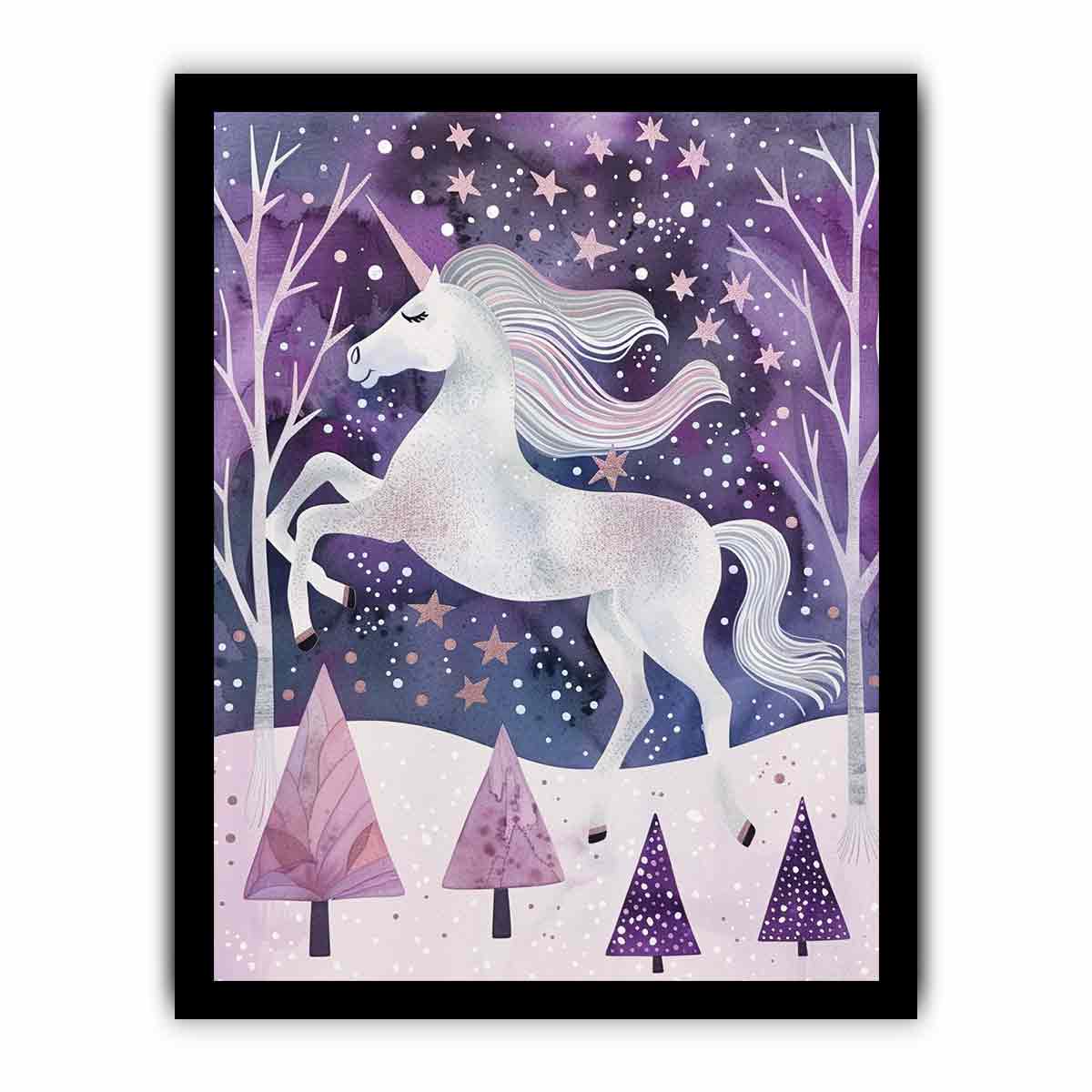White unicorn winter forest canvas art for a dreamy kids bedroom or nursery.